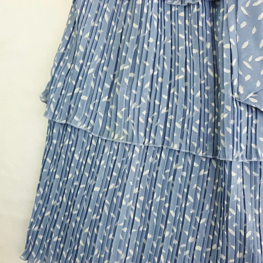 Entro Midi Tiered Dress Large Blue White Feather Pleated Flutter Sleeve Cottage - Picture 9 of 15